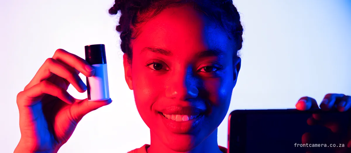 A young South African woman creator holding a skincare bottle up beside her face while filming herself on a phone, relaxed genuine smile