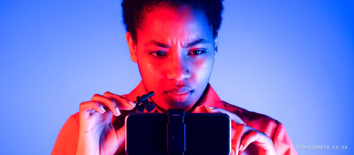 A young South African woman creator clipping a tiny wireless microphone to her shirt collar, phone on a small tripod in front of her, concentrating