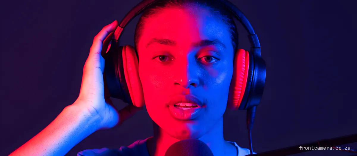 A young South African man speaking into a broadcast microphone on a boom arm, big over-ear headphones on, one hand on the headphone cup, mid-sentence