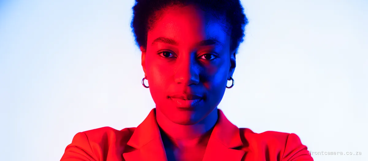 A confident young South African businesswoman in a tailored blazer, arms crossed, looking straight at the camera