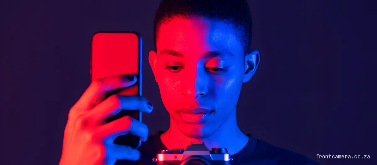 A young South African man holding a phone in one hand and a small mirrorless camera in the other, weighing them up like a scale, head tilted