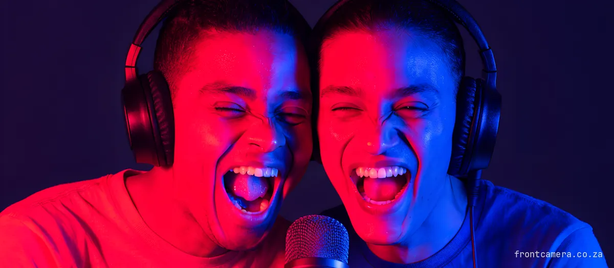Two South African podcast hosts in headphones leaning in towards one microphone, mid-laugh